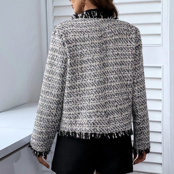 Preppy Womens Waterfall Neck Raw Trimmed Open Front Jacket Black/White - Picture 3 of 4